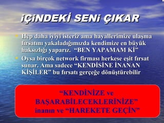 iÇiNDEKİ SENi ÇIKARiÇiNDEKİ SENi ÇIKAR
• Hep daha iyiyi isteriz ama hayallerimize ulaşmaHep daha iyiyi isteriz ama hayallerimize ulaşma
fırsatını yakaladığımızda kendimize en büyükfırsatını yakaladığımızda kendimize en büyük
haksızlığı yaparız. “BEN YAPAMAM Kİ”haksızlığı yaparız. “BEN YAPAMAM Kİ”
• Oysa birçok network firması herkese eşit fırsatOysa birçok network firması herkese eşit fırsat
sunar. Ama sadece “KENDİSİNE İNANANsunar. Ama sadece “KENDİSİNE İNANAN
KİŞİLER” bu fırsatı gerçeğe dönüştürebilirKİŞİLER” bu fırsatı gerçeğe dönüştürebilir  
“KENDİNİZE ve
BAŞARABİLECEKLERİNİZE”
inanın ve “HAREKETE GEÇİN”
 