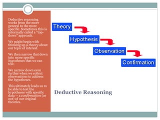 Deductive Reasoning
Deductive reasoning
works from the more
general to the more
specific. Sometimes this is
informally called a "top-
down" approach.
We might begin with
thinking up a theory about
our topic of interest.
We then narrow that down
into more specific
hypotheses that we can
test.
We narrow down even
further when we collect
observations to address
the hypotheses.
This ultimately leads us to
be able to test the
hypotheses with specific
data -- a confirmation (or
not) of our original
theories.
 
