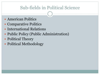Sub-fields in Political Science
 American Politics
 Comparative Politics
 International Relations
 Public Policy (Public Administration)
 Political Theory
 Political Methodology
 