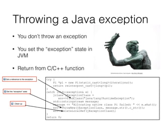 Throwing a Java exception
• You don’t throw an exception
• You set the “exception” state in the
JVM
• Return from C/C++ function
try {
Pi *pi = new Pi(static_cast<long>(iterations));
return reinterpret_cast<jlong>(pi);
}
catch (std::exception& e) {
jclass jExceptionClass =
env->FindClass("java/lang/RuntimeException");
std::ostringstream message;
message << "Allocating native class Pi failed: " << e.what();
env->ThrowNew(jExceptionClass, message.str().c_str());
env->DeleteLocalRef(jExceptionClass);
}
return 0;
" Get a reference to the exception
# Set the “exception” state
$ Clean up
followtheinstructrions: hand werpen http://bit.ly/1Bo3gZx
 