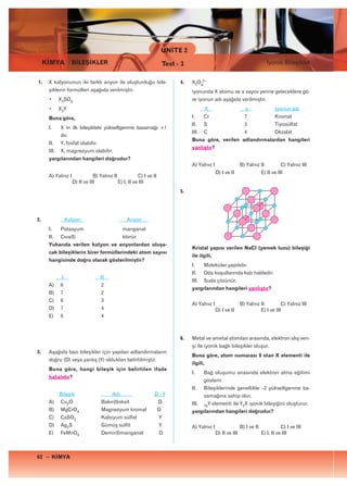 ÜNİTE 2
     KİMYA          BİLEŞİKLER                                          Test - 3                                                 İyonik Bileşikler


1.    X katyonunun iki farklı anyon ile oluşturduğu bile-                     4.   X2Oa2–
      şiklerin formülleri aşağıda verilmiştir.                                     iyonunda X atomu ve a sayısı yerine geleceklere gö-
      •      X2SO4                                                                 re iyonun adı aşağıda verilmiştir.
      •      X3Y                                                                             X                      a                İyonun adı
      Buna göre,                                                                   I.     Cr                       7                 Kromat
                                                                                   II.    S                        3                 Tiyosülfat
      I.     X in ilk bileşikteki yükseltgenme basamağı +1
                                                                                   III.   C                        4                 Okzalat
             dir.
                                                                                   Buna göre, verilen adlandırmalardan hangileri
      II.    Y, fosfat olabilir.
                                                                                   yanlıştır?
      III.   X, magnezyum olabilir.
      yargılarından hangileri doğrudur?
                                                                                   A) Yalnız I                   B) Yalnız II            C) Yalnız III
                                                                                                  D) I ve II                  E) II ve III
      A) Yalnız I              B) Yalnız II            C) I ve II
                    D) II ve III            E) I, II ve III
                                                                              5.




2.                Katyon                         Anyon
      I.     Potasyum                          manganat
      II.    Cıva(I)                           klorür
      Yukarıda verilen katyon ve anyonlardan oluşa-
                                                                                   Kristal yapısı verilen NaCl (yemek tuzu) bileşiği
      cak bileşiklerin birer formüllerindeki atom sayısı
                                                                                   ile ilgili,
      hangisinde doğru olarak gösterilmiştir?
                                                                                   I.     Moleküler yapılıdır.
                                                                                   II.    Oda koşullarında katı haldedir.
              I                    II
                                                                                   III.   Suda çözünür.
      A)     6                     2
                                                                                   yargılarından hangileri yanlıştır?
      B)     7                     2
      C)     6                     3
                                                                                   A) Yalnız I                   B) Yalnız II         C) Yalnız III
      D)     7                     4                                                              D) I ve II               E) I ve III
      E)     6                     4



                                                                              6.   Metal ve ametal atomları arasında, elektron alış veri-
                                                                                   şi ile iyonik bağlı bileşikler oluşur.
3.    Aşağıda bazı bileşikler için yapılan adlandırmaların
                                                                                   Buna göre, atom numarası 8 olan X elementi ile
      doğru (D) veya yanlış (Y) oldukları belirtilmiştir.
                                                                                   ilgili,
      Buna göre, hangi bileşik için belirtilen ifade
                                                                                   I.     Bağ oluşumu sırasında elektron alma eğilimi
      hatalıdır?
                                                                                          gösterir.
                                                                                   II.    Bileşiklerinde genellikle –2 yükseltgenme ba-
             Bileşik                     Adı                   D/Y                        samağına sahip olur.
      A)     Cu2O                  Bakır(I)oksit                    D              III.   10Y    elementi ile Y2X iyonik bileşiğini oluşturur.
      B)     MgCrO4                Magnezyum kromat                 D              yargılarından hangileri doğrudur?
      C)     CaSO3                 Kalsiyum sülfat                  Y
      D)     Ag2S                  Gümüş sülfit                     Y              A) Yalnız I                   B) I ve II              C) I ve III
      E)     FeMnO4                Demir(I)manganat                 D                             D) II ve III                E) I, II ve III



62 ~ KİMYA
 