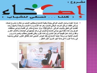 ‫شارك أعضاء برلمان الشباب العراقي بحملة وطنية للستماع بمطاليب الشباب من خلل ) مشروع إصغاء‬         ‫‪‬‬
  ‫( والتي أطلقت من قبل المرصد الوطني للشباب وهو احد أقسام وزارة الشباب والرياضة والمهتم برصد‬
   ‫القضايا التي تتعلق بالشباب العراقي ، ثم فتح 051 مركز استماع منتشر في أقضية ونواحي محافظات‬
  ‫العراق وتم إعداد 03 فريق ميداني للستماع للشباب في مراكز تجمعهم في الجامعات والماكن الخرى‬
    ‫وعقد ورشات عمل تقييمية لمراحل المشروع وإعداد تقرير وطني تفصيلي بمطالب وتصورات ورؤى‬
  ‫الشباب الناتجة من مرحلة عملية الستماع وعقد المؤتمر الشبابي العام لطلق التقرير الوطني وتسليمه‬
                                            ‫إلى رئاسة الوزراء في بداية شهر تشرين الول المقبل .‬
 