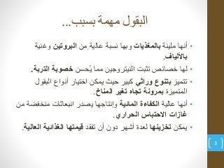 ‫بسبب‬ ‫مهمة‬ ‫البقول‬...
3
•‫مليئة‬ ‫أنها‬‫بالمغذيات‬‫من‬ ‫عالية‬ ‫نسبة‬ ‫وبها‬‫البروتين‬‫وغني‬‫ة‬
‫باأللياف‬.
•‫حسن‬ُ‫ي‬...