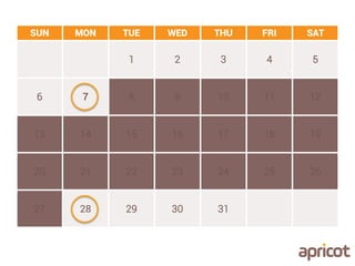 SUN MON TUE WED THU FRI SAT
1 2 3 4 5
6 7 8 9 10 11 12
13 14 15 16 17 18 19
20 21 22 23 24 25 26
27 28 29 30 31
 