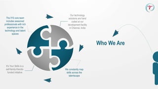 The IYS core team
includes seasoned
professionals with rich
experience in the
technology and talent
spaces
Our technology
solutions are hand
coded at our
development facility
in Chennai, India
We constantly map
skills across the
talentscape
It’s Your Skills is a
self-family-friends-
funded initiative
Who We Are
 