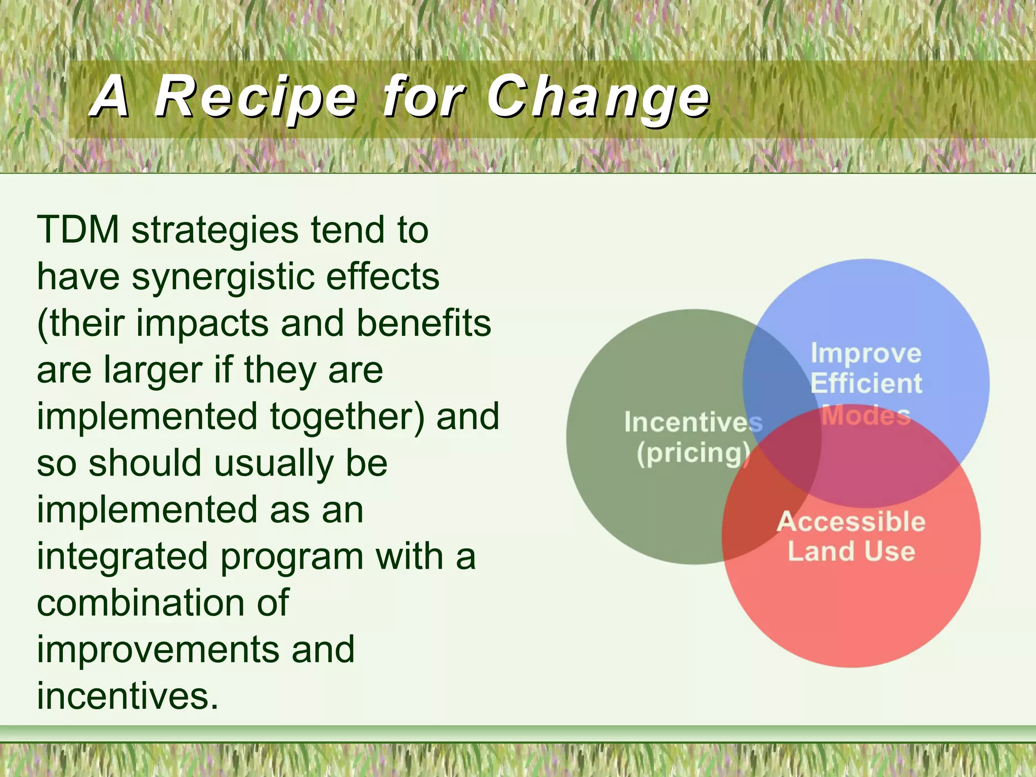 A Recipe for ChangeA Recipe for Change
TDM strategies tend to
have synergistic effects
(their impacts and benefits
are larger if they are
implemented together) and
so should usually be
implemented as an
integrated program with a
combination of
improvements and
incentives.
 