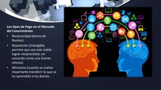 Los tipos de Pago en el Mercado
del Conocimiento
• Reciprocidad (banco de
favores).
• Reputación (intangible,
permite que sea más viable
lograr reciprocidad; ser
conocido como una fuente
valiosa).
• Altruismo (cuando se vuelve
importante transferir lo que se
ha aprendido a los demás.
 