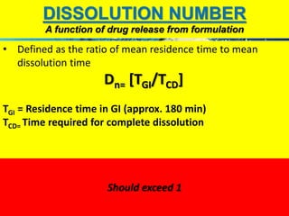 DISSOLUTION NUMBER 
A function of drug release from formulation 
• Defined as the ratio of mean residence time to mean 
Sh...