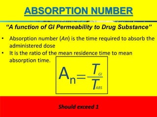 ABSORPTION NUMBER 
“A function of GI Permeability to Drug Substance” 
• Absorption number (An) is the time required to abs...