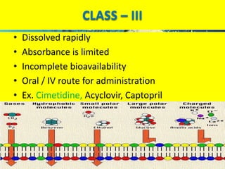 CLASS – III 
• Dissolved rapidly 
• Absorbance is limited 
• Incomplete bioavailability 
• Oral / IV route for administrat...