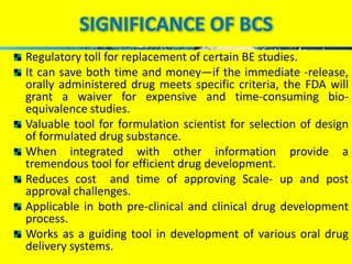 SIGNIFICANCE OF BCS 
Regulatory toll for replacement of certain BE studies. 
It can save both time and money—if the immedi...