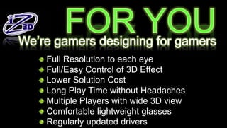 Full Resolution to each eye
Full/Easy Control of 3D Effect
Lower Solution Cost
Long Play Time without Headaches
Multiple Players with wide 3D view
Comfortable lightweight glasses
Regularly updated drivers
 