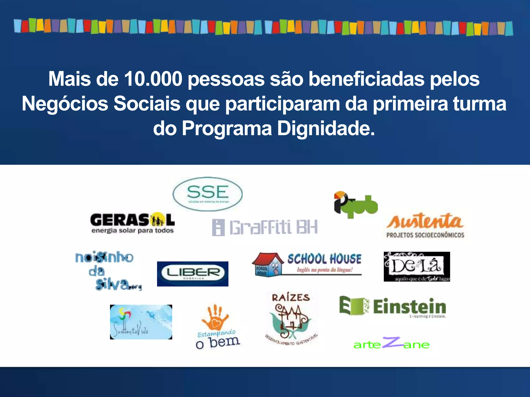 Mais de 10.000 pessoas são beneficiadas pelos
Negócios Sociais que participaram da primeira turma
do Programa Dignidade.
 
