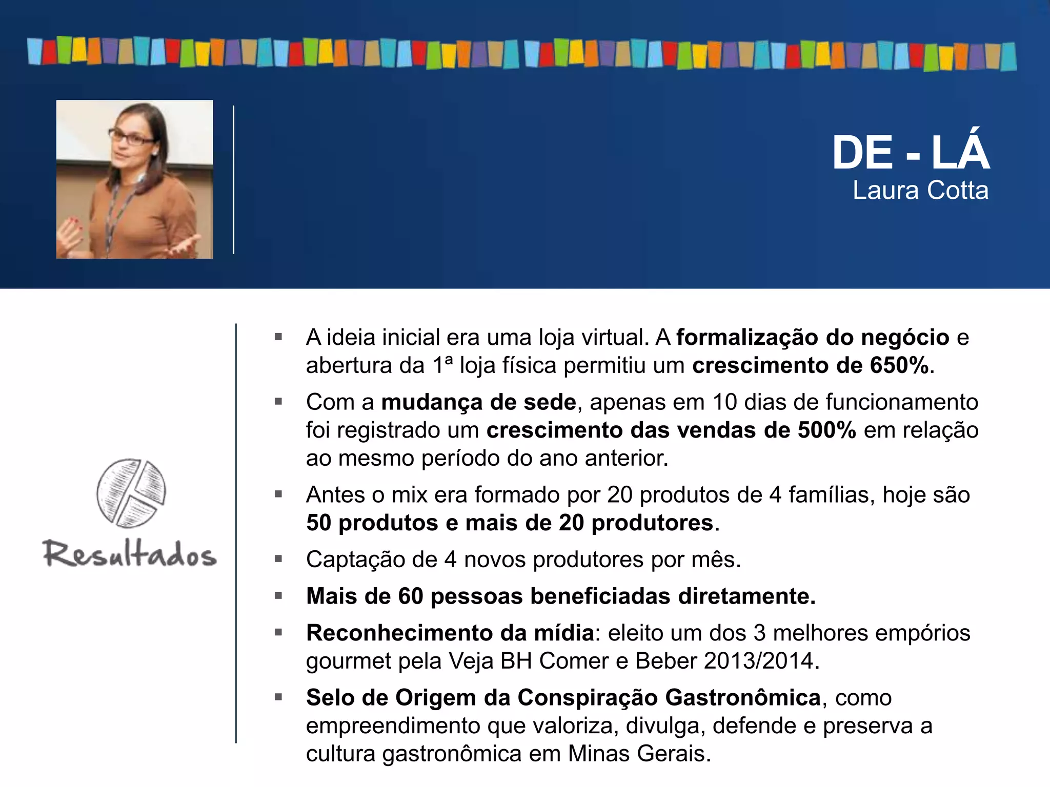 A ideia inicial era uma loja virtual. A formalização do negócio e
abertura da 1ª loja física permitiu um crescimento de 650%.
 Com a mudança de sede, apenas em 10 dias de funcionamento
foi registrado um crescimento das vendas de 500% em relação
ao mesmo período do ano anterior.
 Antes o mix era formado por 20 produtos de 4 famílias, hoje são
50 produtos e mais de 20 produtores.
 Captação de 4 novos produtores por mês.
 Mais de 60 pessoas beneficiadas diretamente.
 Reconhecimento da mídia: eleito um dos 3 melhores empórios
gourmet pela Veja BH Comer e Beber 2013/2014.
 Selo de Origem da Conspiração Gastronômica, como
empreendimento que valoriza, divulga, defende e preserva a
cultura gastronômica em Minas Gerais.
DE - LÁ
Laura Cotta
 