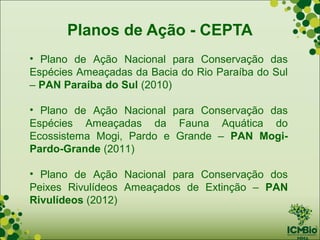 Planos de Ação - CEPTA
• Plano de Ação Nacional para Conservação das
Espécies Ameaçadas da Bacia do Rio Paraíba do Sul
– PAN Paraíba do Sul (2010)

• Plano de Ação Nacional para Conservação das
Espécies Ameaçadas da Fauna Aquática do
Ecossistema Mogi, Pardo e Grande – PAN Mogi-
Pardo-Grande (2011)

• Plano de Ação Nacional para Conservação dos
Peixes Rivulídeos Ameaçados de Extinção – PAN
Rivulídeos (2012)
 