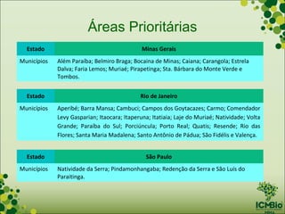 Áreas Prioritárias
  Estado                                      Minas Gerais
Municípios   Além Paraíba; Belmiro Braga; Bocaina de Minas; Caiana; Carangola; Estrela
             Dalva; Faria Lemos; Muriaé; Pirapetinga; Sta. Bárbara do Monte Verde e
             Tombos.


  Estado                                     Rio de Janeiro
Municípios   Aperibé; Barra Mansa; Cambuci; Campos dos Goytacazes; Carmo; Comendador
             Levy Gasparian; Itaocara; Itaperuna; Itatiaia; Laje do Muriaé; Natividade; Volta
             Grande; Paraíba do Sul; Porciúncula; Porto Real; Quatis; Resende; Rio das
             Flores; Santa Maria Madalena; Santo Antônio de Pádua; São Fidélis e Valença.


  Estado                                       São Paulo
Municípios   Natividade da Serra; Pindamonhangaba; Redenção da Serra e São Luís do
             Paraitinga.
 
