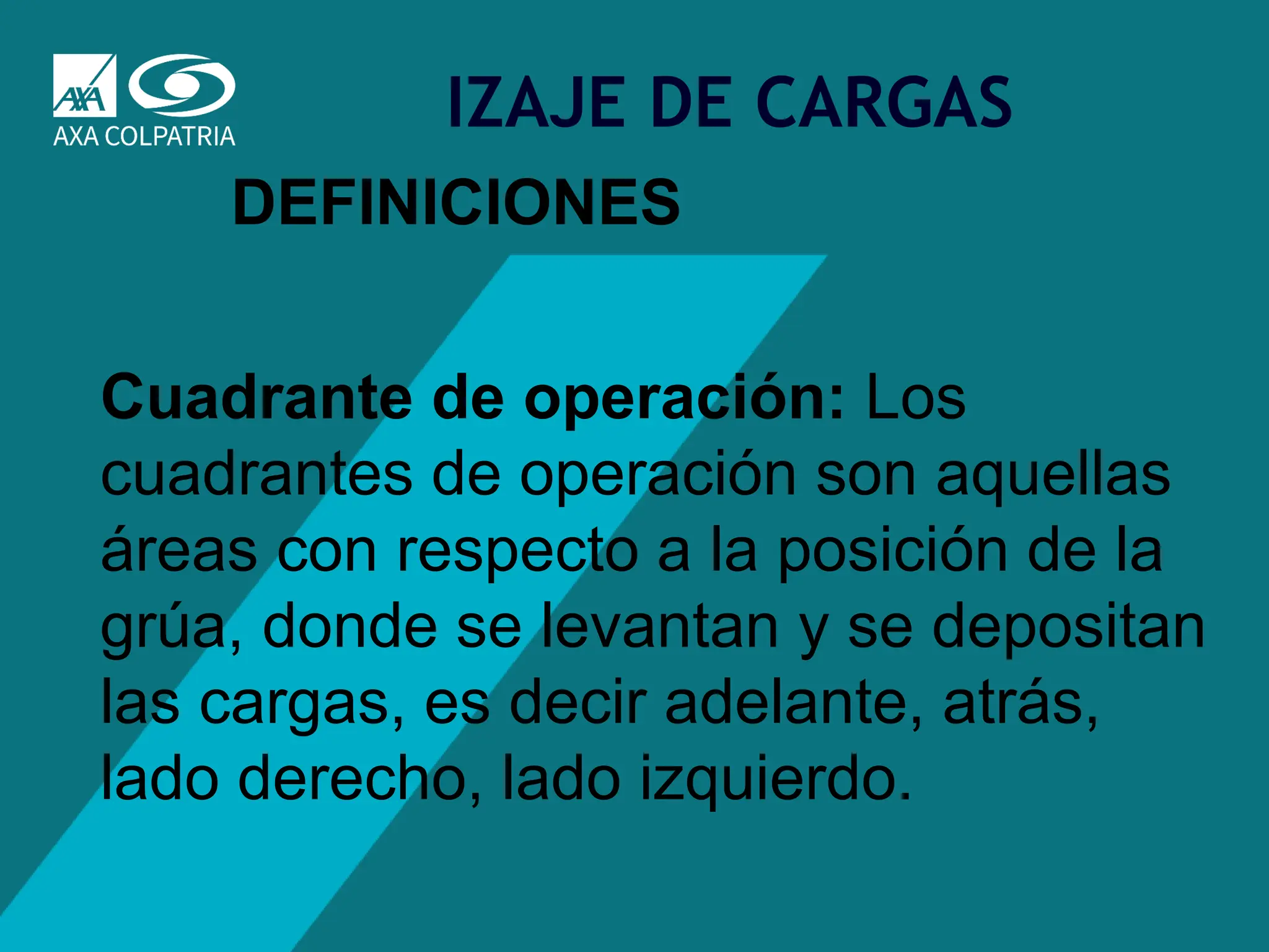 11
IZAJE DE CARGAS
DEFINICIONES
Cuadrante de operación: Los
cuadrantes de operación son aquellas
áreas con respecto a la posición de la
grúa, donde se levantan y se depositan
las cargas, es decir adelante, atrás,
lado derecho, lado izquierdo.
 