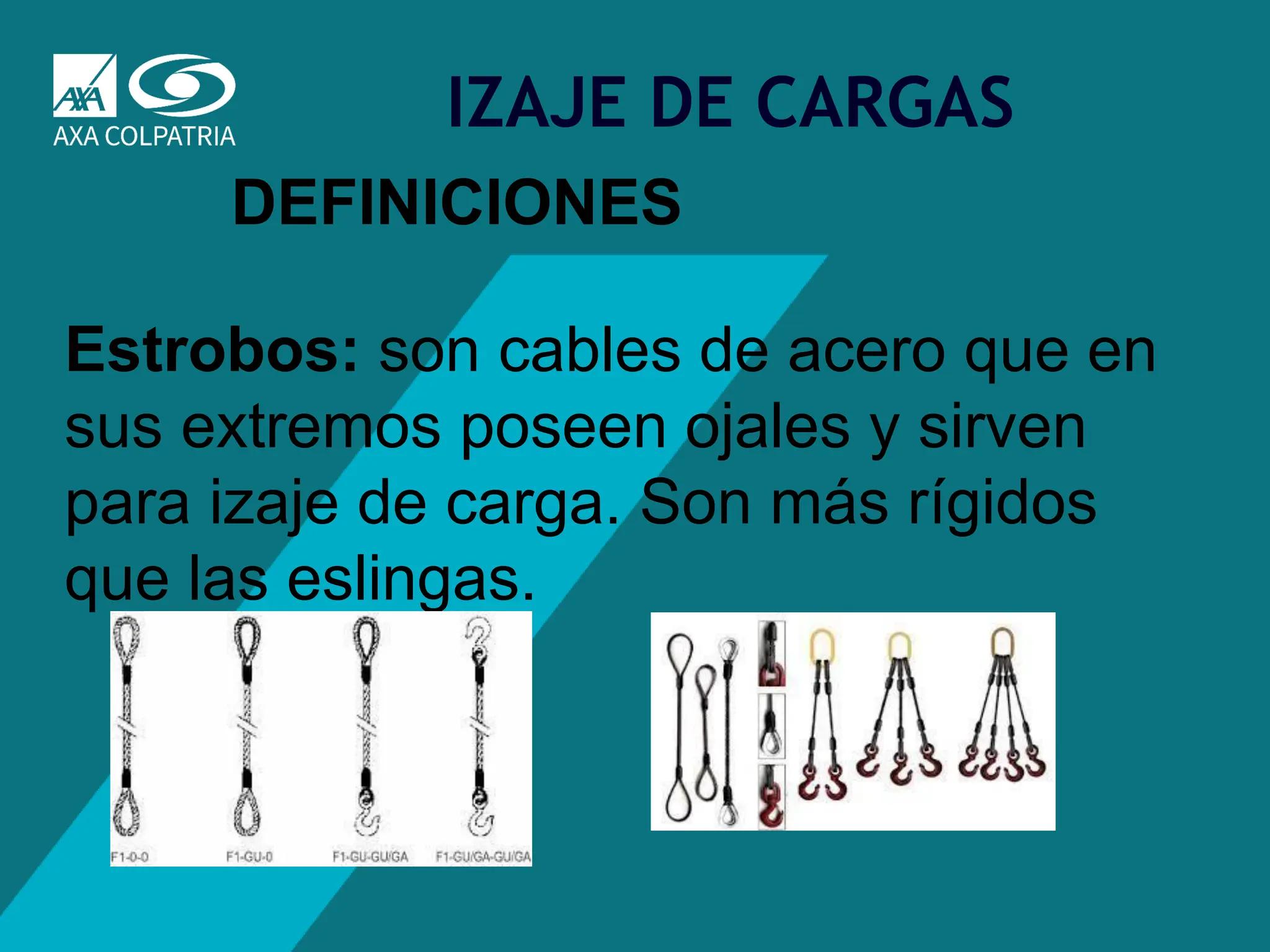 13
IZAJE DE CARGAS
DEFINICIONES
Estrobos: son cables de acero que en
sus extremos poseen ojales y sirven
para izaje de carga. Son más rígidos
que las eslingas.
 