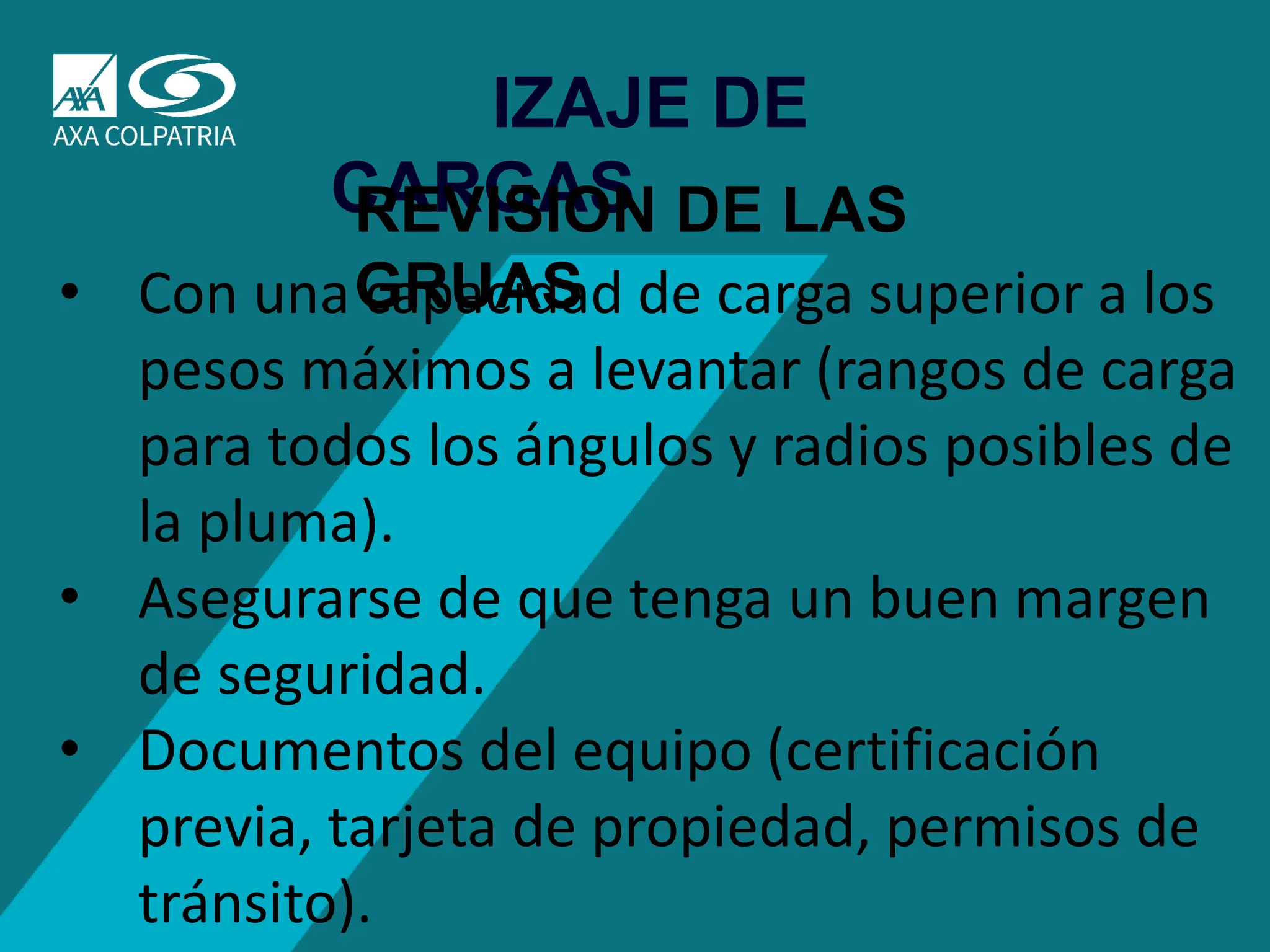 61
IZAJE DE
CARGAS
REVISION DE LAS
GRUAS
• Con una capacidad de carga superior a los
pesos máximos a levantar (rangos de carga
para todos los ángulos y radios posibles de
la pluma).
• Asegurarse de que tenga un buen margen
de seguridad.
• Documentos del equipo (certificación
previa, tarjeta de propiedad, permisos de
tránsito).
 
