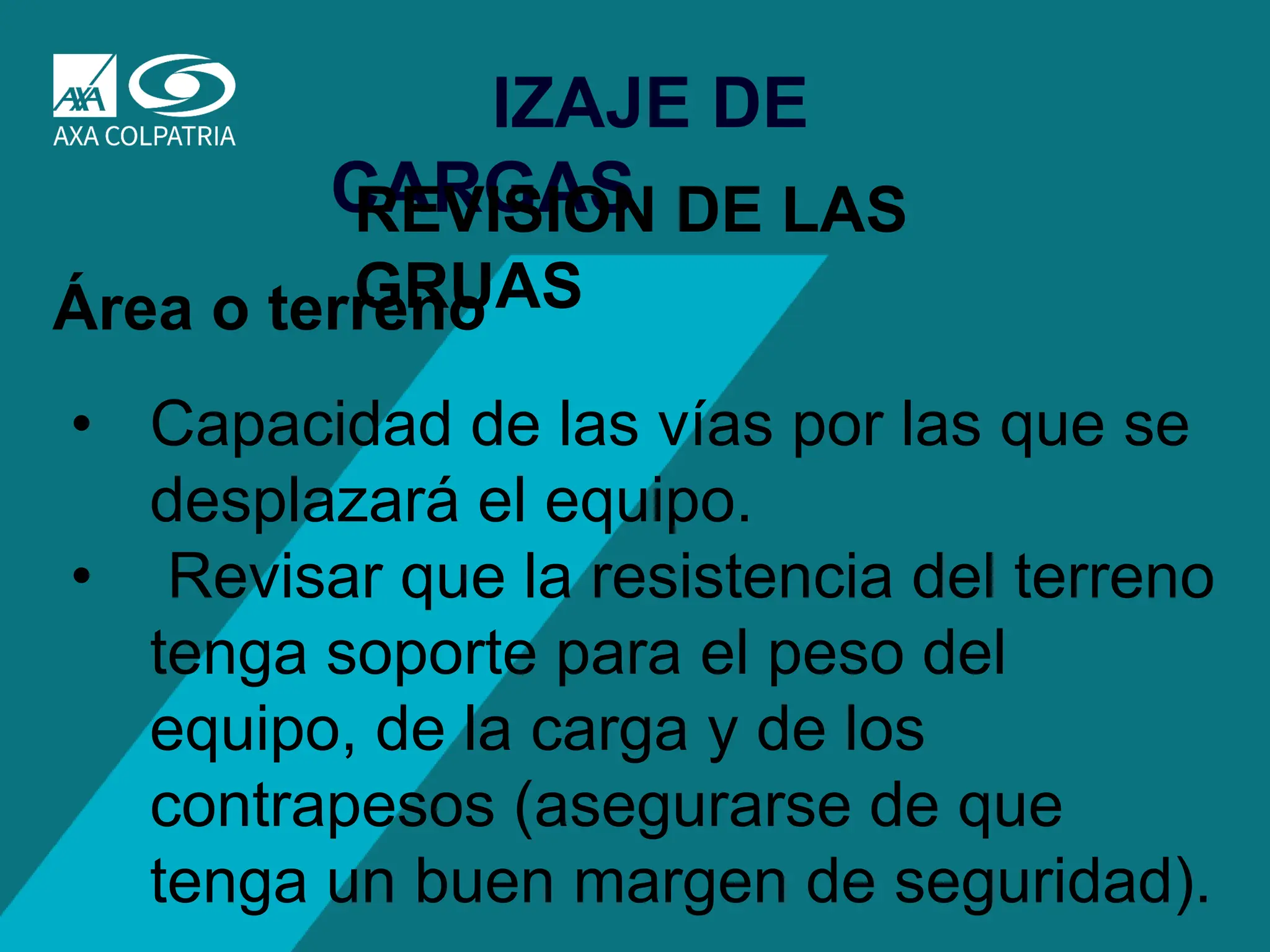 65
IZAJE DE
CARGAS
REVISION DE LAS
GRUAS
Área o terreno
• Capacidad de las vías por las que se
desplazará el equipo.
• Revisar que la resistencia del terreno
tenga soporte para el peso del
equipo, de la carga y de los
contrapesos (asegurarse de que
tenga un buen margen de seguridad).
 