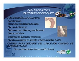 PORANOMALÍASLOCALIZADAS:
Aplastamiento.
Disminución del diámetro del cable.
Roturas dealambres.
Deformaciones, dobleces yenrollamiento.
Colapso del alma.
Evidenciasdequemadoosoldadura.
Pérdida generalizadadediámetro, máximoadmisible: 6a8%.
CANTIDAD DE
CRITERIO PARA DESCARTE DEL CABLE POR
ALAMBRESROTOS:
Tresomasalambres rotos por cordón(torón).
CABLES DE ACERO
CRITERIOS DE DESCARTE
 