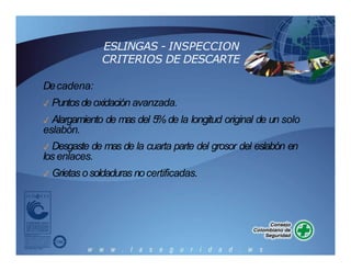 Decadena:
✓ Puntosdeoxidación avanzada.
✓ Alargamiento de mas del 5% de la longitud original de un solo
eslabón.
✓ Desgaste de mas de la cuarta parte del grosor del eslabón en
los enlaces.
✓ Grietas osoldaduras nocertificadas.
ESLINGAS - INSPECCION
CRITERIOS DE DESCARTE
 