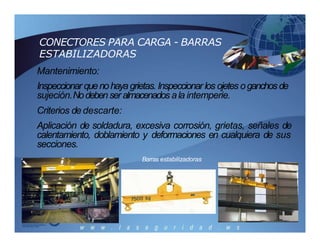 CONECTORES PARA CARGA - BARRAS
ESTABILIZADORAS
Mantenimiento:
Inspeccionar quenohayagrietas. Inspeccionar los ojetes oganchos de
sujeción.Nodebenser almacenados ala intemperie.
Criterios dedescarte:
Aplicación de soldadura, excesiva corrosión, grietas, señales de
calentamiento, doblamiento y deformaciones en cualquiera de sus
secciones.
Barras estabilizadoras
 