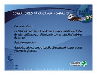 CONECTORES PARA CARGA - GANCHO
Características:
Es fabricado en hierro fundido para mayor resistencia. Debe
de estar certificado por el fabricante con su capacidad máxima
decarga.
Partes principales
Garganta, asiento, seguro (pestillo de seguridad) cuello, punta
yelemento giratorio.
 