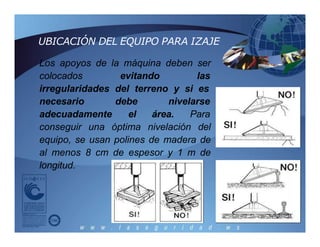 UBICACIÓN DEL EQUIPO PARA IZAJE
Los apoyos de la máquina deben ser
colocados evitando las
irregularidades del terreno y si es
necesario
adecuadamente
debe nivelarse
el área. Para
conseguir una óptima nivelación del
equipo, se usan polines de madera de
al menos 8 cm de espesor y 1 m de
longitud.
 