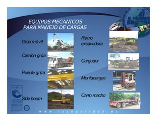 EQUIPOS MECANICOS
PARA MANEJO DE CARGAS
Grúa móvil
Camión grúa
Puente grúa
Side boom
Retro
excavadora
Cargador
Montacargas
Carro macho
 