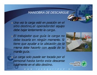 MANIOBRA DE DESCARGUE
NO
■ Una vez la carga esté en posición en el
sitio destino,el operadordel equipo
debe bajar lentamente la carga.
■ El trabajador que guía la carga no
debe tocarla en ningún momento. Si
tiene que ayudar a la ubicación de la
misma debe hacerlo con ayuda de la
manila guía.
■ La carga solo puede ser tocada por el
personal hasta tanto esta descanse
totalmente en el sitio destino.
 