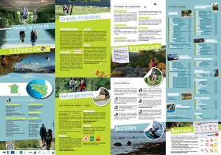 RndonnÉES
enPaysdeVannes
www.rando-paysdevannes.com
Loisirsnature
Tourisme Arc Sud Bretagne
www.tourisme-arc-sud-bretagne.com
• Antenne de Damgan
02 97 41 11 32
• Antenne de Muzillac
02 97 41 53 04
• Antenne de la Roche-Bernard
(Accueil Site VTT FFC de La Roche-Bernard)
02 99 90 67 98
Presqu’île de Rhuys - Golfe du Morbihan
• Accueil de Port Crouesty-Port Navalo-Arzon
www.crouesty.fr
02 97 53 69 69
• Accueil de Sarzeau
www.tourisme-sarzeau.com
02 97 41 82 37
• Accueil de St-Gildas-de-Rhuys
www.saintgildasderhuys.com
02 97 45 31 45
• Accueil de la Maison du tourisme de Rhuys
www.rhuys.com
02 97 26 45 26
Rochefort-en-Terre Tourisme
www.rochefortenterre-tourisme.com
• Accueil de Rochefort-en-Terre
• Accueil de Questembert
02 97 26 56 00
Vannes-Golfe du Morbihan
• Vannes 02 97 47 24 34
www.tourisme-vannes.com
Landes de Lanvaux
• Grand-Champ 02 97 66 45 75
www.landes-de-lanvaux.com
Offices de Tourisme
©Cartographie:création/impressionwww.izatis.com
Redon
Rennes
Fougères
Saint-Brieuc
Brest
Quimper Pontivy
Lorient
Vannes
La Baule
Nantes
Saint-Malo
• Crédits photographiques
CDt 56 - Marc Schaffner,
CRTB - Picard Amandine,
CRTB - Larbi Gilles,
CRTB - Torset Pierre,
CRTB - Studio Diaphane,
CRTB - Berthier Emmanuel,
Louisette Lebeaupin,
Ph. Jacquet, R. Touche.
www.rando-paysdevannes.com
Le GR de Pays de Vannes-Lanvaux
Pour les VTTistes, les cavaliers comme les pédestres,
cet itinéraire propose la découverte de l’arrière-pays,
à travers le massif boisé et vallonné des Landes de
Lanvaux, des panoramas sur le Golfe du Morbihan
jusqu’à la Petite Cité de Caractère de Rochefort-en-
Terre. Il totalise 200 km de chemins labellisés et
balisés et se décline en 2 variantes de 100 et 140
km. Le parcours peut se commencer à n’importe
quelle étape puisque c’est une boucle. Deux points
de départ sont identifiés : Vannes et Questembert.
Des hébergements à proximité de l’itinéraire, prêts
à accueillir montures et randonneurs, permettent de
faire une vingtaine d’étapes de 13 à 25 km.
Le GR Rhuys-Vilaine
Labellisé auprès de la FFRP, l’itinéraire du GR
Rhuys-Vilaine s’étend sur 300 km de sentiers,
qualifiés, entretenus et balisés. Il se compose de
2 grandes boucles en forme de 8, qui se croisent
à Muzillac au centre du territoire. À l’Ouest,
l’itinéraire du GR Rhuys-Vilaine vous fait ressen-
tir les contrastes de la Presqu’île de Rhuys, côté
Océan, et côté Golfe du Morbihan. À l’Est, c’est
la découverte de la campagne de Muzillac, la
station balnéaire de Damgan, et les rives de la
Vilaine, où est nichée la Petite Cité de Caractère
de La Roche-Bernard.
Tour du Golfe
Le Tour du Golfe du Morbihan vous invite à découvrir
ce site exceptionnel par la richesse et la diversité
de sa flore et de sa faune, la lumière des paysages
marins aux innombrables points de vue sur les îles,
de la pointe d’Arzon à celle de Locmariaquer.
Le sentier côtier, qui totalise 180 km, en raison de
la fragilité du milieu, est exclusivement réservé aux
randonneurs pédestres.
Équibreizh
Comme son nom l’indique, l’équibreizh est destiné
aux équestres. Cet itinéraire a été dessiné pour
faire le tour de la Bretagne à cheval par les hauts
lieux du tourisme breton, par les monuments les
plus importants, les « cités de caractère », par les
paysages, vallées et landes, plus secrets mais si
merveilleux à découvrir. Deux diagonales ont été
retenues : Est-Ouest, de Paimpont aux Montagnes
Noires ; Nord-Sud, de Saint-Brieuc à Josselin.
Retrouvez toutes les informations sur le site
www.rando-paysdevannes.com
grands itinéraires
Où trouver un hébergement ? Préparer son itiné-
raire nécessite de trouver des hébergements à
intervalles réguliers.
Vous trouverez toutes les possibilités (chambres
d’hôtes, gîtes, hôtels, campings…) sur le site
www.rando-paysdevannes.com et sur les sites des
Offices de Tourisme.
Pour répondre à l’attente des randonneurs, des
hébergeurs proches de l’itinéraire proposent des
étapes avec des services spécifiques (transport
de bagages, paniers pique-nique, petit-déjeuner
matinal, local de stockage, aire de nettoyage,
information sur les itinéraires…)
Ces hébergements répondent à des critères de qua-
lité sous les labels :
Accueil vélo
Nouvelle marque nationale 
Pour vos étapes, des hébergeurs ont été sensibilisés
et référencés pour leur capacité à accueillir, à moins
de 5 km des véloroutes et voies vertes bretonnes, les
clientèles touristiques à vélo, itinérantes et en séjour.
Selon sa catégorie, chacune de ces structures a le
souci d’offrir des équipements et services adaptés
aux besoins des touristes à vélo.
www.francevelotourisme.com
rubrique « préparation et conseils »
Étape rando Bretagne
Pour vos étapes, les hébergements Étape Rando
Bretagne  vous accueillent à la nuitée et à proximité
immédiate des itinéraires (moins de 5 km pour les
équestres et moins de 2 km pour les marcheurs).
Chacune des structures labellisées vous offre des
équipements et des services adaptés.
www.tourismebretagne.com
rubrique « à faire »
Rando Accueil
Rando Accueil est un réseau qui regroupe tout type
d’hébergements spécialisés dans les activités de
découverte, de randonnées (toutes pratiques) et
des sports nature en général.
www.rando-accueil.com
Retrouvez les informations dans les Offices de
Tourisme ou sur leur site internet.
Les différents labels « rando »
Hébergements
Circuits locaux
1 Ambon Circuit Killig Ar Mor. . . . . . . . . . . . . . . . 18 km
2 Arzal Circuit des Coteaux de Vilaine. . . . . . . . 11 km
3 Billiers Circuit des Mégalithes. . . . . . . . . . . . . 11 km
4 Damgan Circuit du Littoral Damganais. . . . . . 21 km
5 La Roche-Bernard Circuit des Ponts. . . . . . 6,3 km
6 Le guerno Circuit des Hospitaliers. . . . . . . . . . 11 km
7 Marzan Circuit des Moulins. . . . . . . . . . . . . 10,5 km
8 Marzan Chemin des Ducs. . . . . . . . . . . . . . . . . 13 km
9 Muzillac Circuit des Vignes.. . . . . . . . . . . . . 10,5 km
10 MuzillacBoucles de Penmur (3 boucles).. . 2 à 3 km
11 Muzillac Circuit de Laluisso. . . . . . . . . . . . . . . . 2 km
12 MuzillacCircuit des Chouans. . . . . . . . . . . . . . . 8 km
13 NivillacCircuit de Foleux. . . . . . . . . . . . . . . . . 10 km
14 NivillacCircuit de la Ville Aubin.. . . . . . . . . . . 10 km
15 Noyal-MuzillacCircuit des 3 Rivières. . . . . . . 16 km
16 Péaule Circuit des 2 Vallées. . . . . . . . . . . . . . . . 22 km
17 Saint-Dolay Circuit de Buttes en Marais. . . . . 11 km
• 2 circuits particuliers : les circuits botaniques
18 ARZAL Circuit Botanique de Cosca. . . . . . . . . . 2,5 km
19 Noyal-Muzillac
Circuit Botanique de la Michochêne. . . . . . . . . 2,5 km
20 Arzon Circuit du Petit Mont. . . . . . . . . . . . . . . . 3 km
21 Arzon Circuit du Petit Mousse. . . . . . . . . . . . 3,2 km
22 Arzon Circuit des Pointes du Golfe. . . . . . . . . 14 km
23 Arzon Circuit de la Butte de César. . . . . . . . . 5,7 km
24 Le tour-du-Parc Circuits Pen Cadenic. . . 8,5 km
25
St-Armel
Circuit des Marais Salants et du Passage. . . . . 12 km
26 St-Gildas de Rhuys Circuit des Étangs.. . . . 12,5 km
27 St-Gildas de Rhuys Circuit du Grand Mont.. . 8,5 km
28 St-Gildas de Rhuys Circuit du Bocéno.. . . . . . 10 km
29 Sarzeau Circuit 1 : Le Logeo - vue sur les îles. . . 4 km
30 Sarzeau Circuit 2 : Brillac - regards sur le Golfe.. 7 km
31 SarzeauCircuit 3 : St-Martin - les parcs ostréicoles. 8 km
32 SarzeauCircuit 4 : Le Duer - Circuit du patrimoine.. . 10 km
33 SarzeauCircuit 5 : Quintin - au cœur de la forêt.. . 10 km
34 Sarzeau Circuit 6 : St-Jacques - détour par le port. . . 7 km
35 SarzeauCircuit 7 : Suscinio - Sur les pas de nos Ducs.. . 10 km
36 Sarzeau Circuit 8 : Penvins - Regards sur l’océan.. . . 9 km
37 Berric Boucle des Vertus. . . 12,5 km
38 Caden Circuit de la Bouloterie. . . 8 km
39 Caden Circuit du Grand Val.. . . . . . 16,5 / 9/ 6,5 km
40 Larré Chemin de la Noe des Dames. . . . . . . . 10 km
41 Lauzach Boucles du Guernec. . . . . . . . . . . . . . 10 km
42 La vraie-croix Circuit de Langroez. . . . . . . . 9,5 km
43 Le Cours Circuit de la Chapelle de Priziac. . . . 12 km
44 Limerzel Circuit des Templiers VTT.. . . . . . . 30 km
45 Limerzel Circuit de la Vallée de Trévelo.. . 10 / 7 km
46 Malansac Circuit des ardoisières VTT. . . . . . . . . 24 km
47 Molac Circuit du Lindeul. . . . . . . . . . . . . . . . . . . 11 km
48 PluherlinCircuit des Palis. . . . . . . . . . . . . . . . . . 12 km
49 PluherlinCircuit de la Ronde des Grées VTT. . . . . 29 km
50 Questembert Circuit des Popinettes.. . . . . . . . . . 14 km
51 Rochefort-en-terreCircuit de Rochefort. . . . . . . . 6 km
52 Saint-Gravé Circuit de l’écluse. . . . . . . . . . . . . . 9,5 km
53 Saint-Gravé circuit des 2 rivières VTT. . . . . . . . . . 25 km
54 Elven Circuit de Kerbiler. . . . . . . . . . . . . . . . . . . 5,8 km
55 Meucon Circuit des Sources. . . . . . . . . . . . . . 11,5 km
56 Monterblanc Circuit du Four à Pain. . . . . . . 7,5 km
57 Saint-Avé Circuit du Camp de César. . . . . . . . 9,5 km
58 Saint-Nolff Circuit de la Vallée du Condat.. 12,5 / 8 km
59 Sulniac Circuit Ste-Marguerite. . . . . . . . . . . . 7,5 km
60 Sulniac Circuit des Templiers. . . . . . . . . . . . . 4,7 km
61 Treffléan Circuit de la Chapelle de Bizole. . . 6,5 km
Topoguide Le Morbihan à pied FFRP
62 Grand-Champ Circuit de Botségalo.. . . . . . . . 21 km
63 Saint-Avé Circuit des Moulins. . . . . . . . . . . . . . . 9 km
64 Sulniac Circuit des Vieux Villages.. . . . . . . . 20,5 km
65 Vannes Les Rives du Vincin. . . . . . . . . . . . . . . 9,5 km
Le Tour du Golfe
Port Folio Conseil Général 56
66 Île d’Arz Tour de l’île.. . . . . . . . . . 17 km
67 Île-aux-Moines Tour de l’île. . . . . 17 km
Circuits sans topoguide
68 Brandivy Circuit de l’étang.. . . . . . . . . . . . . . 10,5 km
69 Colpo Circuit de Kéribio. . . . . . . . . . . . . . . . . 11,2 km
70 GRAND-CHAMP Gouezac. . . . . . . . . . . . . . . . . . 11 km
71 Locmaria Grand-Champ . . . . . . . . . . . . . . . . . 8 km
72 Locqueltas. . . . . . . . . . . . . . . . . . . . . . . . . . . . . . 6 km
73 Plaudren. . . . . . . . . . . . . . . . . . . . . . . . . . . . . . 12 km
74 Séné Circuit des Sinagots. . . . . . . . . . . . . . . . . . 25 km
75 Surzur Circuit de Pembulzo. . . . . . . . . . . . . . 9,5 km
76 Trédion Circuit du Grand Villeneuve. . . . . . . . 10 km
Circuits Vélo Promenade VTC
77 BRANDIVY.. . . . . . . . . . . . . . . . . . . . . . . . . . . . 17,5 km
78 Colpo.. . . . . . . . . . . . . . . . . . . . . . . . . . . . . . . . . 12 km
79 Grand-Champ. . . . . . . . . . . . . . . . . . . . . . . . 15,6 km
80 LOCMARIA GRAND-CHAMP.. . . . . . . . . . . . . . . . 15 km
81 Molac Le Guernet n°21. . . . . . . . . . . . . . . . . . . 22 km
82 Plaudren. . . . . . . . . . . . . . . . . . . . . . . . . . . . . . 12 km
83 Questembert Hippodrome n°23.. . . . . . . . . . . 22 km
Circuits Demat
84 Colpo Pédestre. . . . . . . . . . . . . . . . . . . . . . . . . . . 3 km
85 Plaudren Vélo. . . . . . . . . . . . . . . . . . . . . . . . . . 16 km
86 Grand-Champ Voiture et Pédestre. . . . . . . . . 55 km
• 22 circuits VTT
pour tous niveaux !
• Tour de la Presqu’île de Rhuys à vélo
Topoguide Rando
Arc Sud Bretagne
Topoguide Rando
La Presqu’île de Rhuys
Sur les hauteurs
du Golfe du Morbihan
Topoguide Balades  Randonnées
Pays de Questembert
Topoguide VTT Site VTT
FFC La Roche-Bernard
Plan vélo
de la Presqu’île de Rhuys
Télécharger les tracés gratuitement sur
www.rando-paysdevannes.com
Retrouvez les topoguides dans les Offices de Tourisme
Balisage
Tous les circuits présentés sont balisés sur le terrain.
S’ils sont multi-usages (pédestre, VTT, équestre) ou seulement
pédestres, ils sont balisés selon les codes de la Fédération Fran-
çaise de Randonnée Pédestre :
• Les PR ou boucles locales de Promenade et de Randonnée,
sont balisés en Jaune.
• Le GR ou circuits de Grande Randonnée, sont des grands itiné-
raires nationaux balisés en Rouge et Blanc.
• Les GRP ou circuits de Grande Randonnée de Pays, sont des
boucles itinérantes balisées en Rouge et Jaune.
Les circuits sont susceptibles d’évolution. Il faut toujours se
conformer au balisage sur le terrain.
À gauche
Tout
droit
À droite
Mauvaise
direction
Prudence
Le numéro correspond au circuit, la couleur de fond à la difficulté.
Balisageéquibreizh
Les circuits spécifiquement VTT portent le balisage
suivant :
GR GRdP PR
Suite du
sentier
Mauvaise
direction
Tourner
à gauche à droite
Activités
Loisirs Nature
Agrémentez votre séjour randonnée en profitant des
multiples activités de pleine nature que vous offre
le Pays de Vannes. Location de vélos, randonnées
équestres ou pratique de la pêche, vous avez le choix
pour varier les plaisirs !
Amis de la petite reine, vous trouverez sur
le territoire plusieurs possibilités de loca-
tion de vélos : vélo de route, VTC, VTT, vélo
électrique... Les coordonnées des loueurs sont sur les
sites des Offices de Tourisme.
Les centres équestres proposent des sorties
à la journée ou la demi-journée.
Leurs coordonnées figurent sur les sites
des Offices de Tourisme.
Découvrez les très nombreuses possibili-
tés d’activités sur le Golfe du Morbihan
ou en descendant la Vilaine : kayak, ca-
noë, planche à voile, kyte-surf, optimiste, voile…
Contactez les Offices de Tourisme.
Invitation au calme et à l’immersion dans
la nature, la pêche se pratique sous toutes
ses formes : en haute mer, en rivière, ou en
étang. Des guides pêches vous proposent des sorties
découverte en mer.
Les Offices de Tourisme vous donnent les renseigne-
ments et vendent les cartes pêche.
à Brandivy, l’étang de la Forêt est un grand
plan d’eau aménagé avec location de pé-
dalos et kayaks, mur d’escalade et buvette
tout l’été. Pour les groupes, possibilité de pratiquer
le tir à l’arc, la course d’orientation, le VTT.
www.landes-de-lanvaux.com
Deux passeurs entre Saint-Armel et Séné,
et entre Le Tour-du-Parc et Damgan vous
permettent un raccourci maritime original
de plusieurs kilomètres sur votre parcours. Informa-
tions dans les Offices de Tourisme.
Perles de notre pays, les îles du Golfe offrent le
calme d’une visite à pied ou en vélo.
Pratiques de randonnées
La randonnée pédestre
À la fois loisir de découverte et exercice physique
doux et accessible à tous, la randonnée pédestre sur
les grands itinéraires du Pays de Vannes vous enchan-
tera par la richesse et la diversité des paysages et
des lieux traversés. Des Landes de Lanvaux à l’Océan,
du Golfe du Morbihan aux méandres de la Vilaine,
parcourez ce Pays à votre rythme.
La randonnée équestre
La randonnée équestre permet de découvrir le Pays
de Vannes en parcourant de grandes distances grâce
à l’équibreizh.
Pour pratiquer le tourisme équestre en boucles
locales, les centres équestres proposent initiations
et balades.
La randonnée nautique
Une balade en kayak ou en canoë, entre mer et
rivière, pour le plaisir et la convivialité ! Découvrez
les différentes facettes de la balade nautique sur des
plans d’eau variés ! En rivière, en étang ou sur les
vagues de l’Océan, l’aventure vous attend !
La promenade à vélo
À vélo en toute liberté ! Que ce soit sur le plan vélo
de la Presqu’île de Rhuys ou sur la voie verte (V3) qui
relie Questembert à St-Malo, retrouvez le plaisir de
flâner en toute sécurité sur le réseau cyclable !
La randonnée VTT
Pour les amateurs de rando sportive, 2 espaces VTT vous
attendent avec un total de 86o km de circuits officiels !
Les circuits sont balisés et classés par difficulté.
La base VTT FFCT de Rochefort-en-Terre propose 13
circuits.
www.ffct.org - rubrique « Base VTT »
Le site VTT FFC de La Roche-Bernard propose 22 circuits.
www.vtt-bretagne.com
InformationsSur le site
www.rando-paysdevannes.com,
vous pouvez télécharger gra-
tuitement :
les étapes des grands itiné-
raires, les fiches et cartes
correspondantes, les fiches des
circuits locaux, les tracés gps.
 