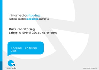Buzz monitoring
Izbori u Srbiji 2016, na tviteru
17. januar – 07. februar
2016.
Sektor analizamedijskogsadržaja
 