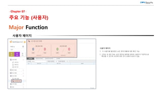 사용자 페이지
Major Function
사용자 페이지
1. 각 사용자별 할당받은 보안 정책 현황에 대한 확인 가능
2. 고객사 내 개인 정보, 보안 취약성 항목에 대하여 사용자가 직관적으로
확인할 수 있으며, 보안에 대한 인식 강화의 효과가 있음
 