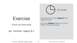 in2it training - www.in2it.be - @in2itvof - #in2tdd Let your tests drive your development100
Exercise
Check out these tests
git	checkout	legacy-0.1
Go and check out branch legacy-0.1 and
analyse the tests.
If you have XDebug installed, you can run
PHPUnit with code coverage.
15 minutes
 