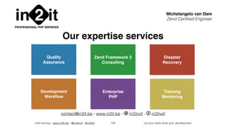 in2it training - www.in2it.be - @in2itvof - #in2tdd Let your tests drive your development130
in it2PROFESSIONAL PHP SERVICES
Michelangelo van Dam
Zend Certiﬁed Engineer
contact@in2it.be - www.in2it.be - T in2itvof - F in2itvof
Quality
Assurance
Zend Framework 3
Consulting
Disaster
Recovery
Development
Workﬂow
Enterprise
PHP
Training
Mentoring
Our expertise services
 