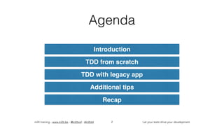 in2it training - www.in2it.be - @in2itvof - #in2tdd Let your tests drive your development
Agenda
2
Introduction
TDD from scratch
TDD with legacy app
Additional tips
Recap
 