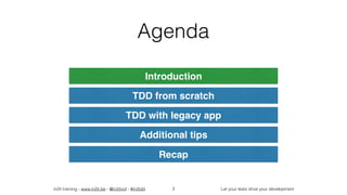 in2it training - www.in2it.be - @in2itvof - #in2tdd Let your tests drive your development
Agenda
3
Introduction
TDD from scratch
TDD with legacy app
Additional tips
Recap
 