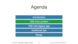 in2it training - www.in2it.be - @in2itvof - #in2tdd Let your tests drive your development
Agenda
30
Introduction
TDD from scratch
TDD with legacy app
Additional tips
Recap
 