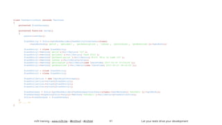 in2it training - www.in2it.be - @in2itvof - #in2tdd Let your tests drive your development
class TaskServiceTest extends TestCase
{
    protected $taskGateway;
    protected function setUp()
    {
        parent::setUp();
        $taskEntity = $this->getMockBuilder(TaskEntityInterface::class)
            ->setMethods(['getId', 'getLabel', 'getDescription', 'isDone', 'getCreated', 'getModified'])->getMock();
        $taskEntry1 = clone $taskEntity;
        $taskEntry1->method('getId')->willReturn('123');
        $taskEntry1->method('getLabel')->willReturn('Task #123');
        $taskEntry1->method('getDescription')->willReturn('#123: This is task 123');
        $taskEntry1->method('isDone')->willReturn(false);
        $taskEntry1->method('getCreated')->willReturn(new DateTime('2017-03-21 07:53:24'));
        $taskEntry1->method('getModified')->willReturn(new DateTime('2017-03-21 08:16:53'));
        $taskEntry2 = clone $taskEntity;
        $taskEntry3 = clone $taskEntity;
        $taskCollection = new SplObjectStorage();
        $taskCollection->attach($taskEntry3);
        $taskCollection->attach($taskEntry2);
        $taskCollection->attach($taskEntry1);
        $taskGateway = $this->getMockBuilder(TaskGatewayInterface::class)->setMethods(['fetchAll'])->getMock();
        $taskGateway->expects($this->any())->method('fetchAll')->willReturn($taskCollection);
        $this->taskGateway = $taskGateway;
    }
    /* ... */
}
41
 