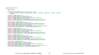 in2it training - www.in2it.be - @in2itvof - #in2tdd Let your tests drive your development
protected function setUp()
{
parent::setUp();
// We create a mock object
$taskEntity = $this->getMockBuilder(TaskEntityInterface::class)
->setMethods(['getId', 'getLabel', 'getDescription', 'isDone', 'getCreated', 'getModified', 'setLabel', 'setDone'])
->getMock();
$taskEntry1 = clone $taskEntity;
$taskEntry1->method('getId')->willReturn('123');
$taskEntry1->method('getLabel')->willReturn('Task #123');
$taskEntry1->method('getDescription')->willReturn('#123: This is task 123');
$taskEntry1->method('isDone')->willReturn(false);
$taskEntry1->method('getCreated')->willReturn(new DateTime('2017-03-21 07:53:24'));
$taskEntry1->method('getModified')->willReturn(new DateTime('2017-03-21 08:16:53'));
$taskEntryUpdate = clone $taskEntity;
$taskEntryUpdate->method('getId')->willReturn('123');
$taskEntryUpdate->method('getLabel')->willReturn('Task #123: Update from service');
$taskEntryUpdate->method('getDescription')->willReturn('#123: This is task 123');
$taskEntryUpdate->method('isDone')->willReturn(false);
$taskEntryUpdate->method('getCreated')->willReturn(new DateTime('2017-03-21 07:53:24'));
$taskEntryUpdate->method('getModified')->willReturn(new DateTime('now'));
$taskEntry2 = clone $taskEntity;
$taskEntry2->method('getId')->willReturn('456');
$taskEntry2->method('getLabel')->willReturn('Task #456');
$taskEntry2->method('getDescription')->willReturn('#456: This is task 456');
$taskEntry2->method('isDone')->willReturn(true);
$taskEntry2->method('getCreated')->willReturn(new DateTime('2017-03-22 07:53:24'));
$taskEntry2->method('getModified')->willReturn(new DateTime('2017-03-22 08:16:53'));
$taskEntry3 = clone $taskEntity;
$taskEntry3->method('getId')->willReturn('789');
$taskEntry3->method('getLabel')->willReturn('Task #789');
$taskEntry3->method('getDescription')->willReturn('#789: This is task 789');
$taskEntry3->method('isDone')->willReturn(false);
$taskEntry3->method('getCreated')->willReturn(new DateTime('2017-04-23 07:53:24'));
$taskEntry3->method('getModified')->willReturn(new DateTime('2017-04-23 08:16:53'));
$taskEntryDone = clone $taskEntity;
$taskEntryDone->method('getId')->willReturn('789');
$taskEntryDone->method('getLabel')->willReturn('#789');
$taskEntryDone->method('getDescription')->willReturn('#789: This is task 789');
$taskEntryDone->method('isDone')->willReturn(true);
$taskEntryDone->method('getCreated')->willReturn(new DateTime('2017-04-23 07:53:24'));
$taskEntryDone->method('getModified')->willReturn(new DateTime('now'));
48
 