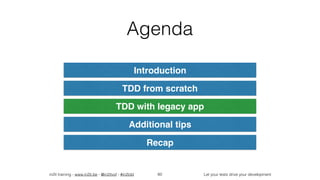 in2it training - www.in2it.be - @in2itvof - #in2tdd Let your tests drive your development
Agenda
60
Introduction
TDD from scratch
TDD with legacy app
Additional tips
Recap
 