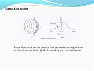 Normal Combustion
Under ideal conditions the common internal combustion engine burns
the fuel/air mixture in the cylinder in an orderly and controlled fashion.
 