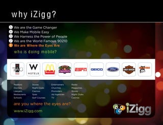 www.iZigg.com
Realtors
Doctors
Lawyers
Restaurants
Schools
Stores
Night Clubs
Casinos
Spas
Golf Courses
Entertainers
Churches
Promoters
Ad Agencies
TV
Radio
Magazines
Stores
Night Clubs
Casinos
w hy iZig g?
We are the Game Changer
We Make Mobile Easy
We Harness the Power of People
We are the World Famous 90210
We are Where the Eyes Are
w ho is doing m obile?
are you where the eyes are?
1
5
4
3
2
 
