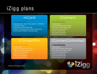 www.iZigg.com
iZig g plans
mCard
iConnectPro
iConnect
iConnectUnlimited
$14.95 Monthly
1 Keyword (ex. Text “Your name” to 90210)*
1 Account Login
Unlimited Auto-Responder
Custom Text Response (160 Characters)
Customized Mobile Landing Page
$249.95 Monthly
5 Keywords*
5,000 Messages per Month
Unlimited Auto-Responder
Unlimited Subscribers
Mobile Couponing
Calendar/Scheduler
Detailed Reporting
$99.95 Monthly
2 Keywords*
2,000 Messages per Month
Unlimited Auto-Responder
Unlimited Subscribers
Mobile Couponing
Calendar/Scheduler
Detailed Reporting
$1,50 0 Monthly
5 Keywords*
Unlimited Monthly Messages
Unlimited Auto-Responder
Unlimited Subscribers
Mobile Couponing
Calendar/Scheduler
Detailed Reporting
 