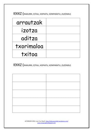 JATORRIZKO IDEIA: Juan Cruz Ripoll, https://educaciontdah.wordpress.com/
www.margarigela.blogspot.com
IEKKZ (IRAKURRI, ESTALI, KOPIATU, KONPARATU, ZUZENDU)
arrautzak
izotza
aditza
txorimaloa
txitoa
IEKKZ (IRAKURRI, ESTALI, KOPIATU, KONPARATU, ZUZENDU)
 
