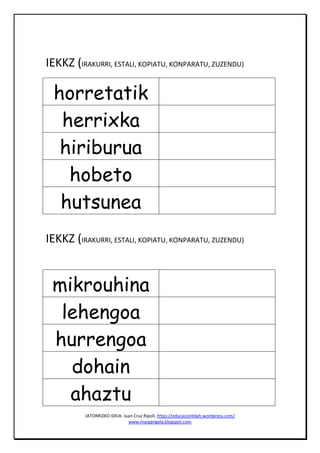 JATORRIZKO IDEIA: Juan Cruz Ripoll, https://educaciontdah.wordpress.com/
www.margarigela.blogspot.com
IEKKZ (IRAKURRI, ESTALI, KOPIATU, KONPARATU, ZUZENDU)
horretatik
herrixka
hiriburua
hobeto
hutsunea
IEKKZ (IRAKURRI, ESTALI, KOPIATU, KONPARATU, ZUZENDU)
mikrouhina
lehengoa
hurrengoa
dohain
ahaztu
 