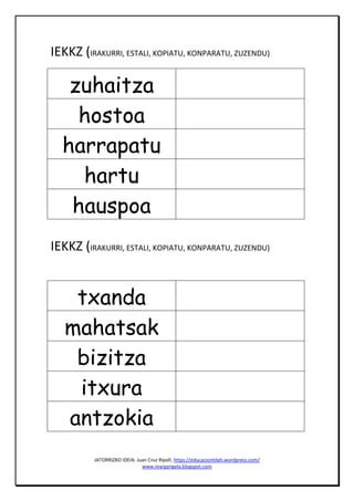 JATORRIZKO IDEIA: Juan Cruz Ripoll, https://educaciontdah.wordpress.com/
www.margarigela.blogspot.com
IEKKZ (IRAKURRI, ESTALI, KOPIATU, KONPARATU, ZUZENDU)
zuhaitza
hostoa
harrapatu
hartu
hauspoa
IEKKZ (IRAKURRI, ESTALI, KOPIATU, KONPARATU, ZUZENDU)
txanda
mahatsak
bizitza
itxura
antzokia
 