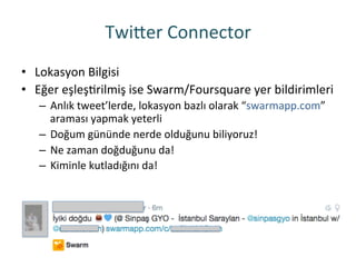 TwiHer	
 Connector	
 
•  Lokasyon	
 Bilgisi	
 
•  Eğer	
 eşleşRrilmiş	
 ise	
 Swarm/Foursquare	
 yer	
 bildirimleri	
 
–  Anlık	
 tweet’lerde,	
 lokasyon	
 bazlı	
 olarak	
 “swarmapp.com”	
 
araması	
 yapmak	
 yeterli	
 
–  Doğum	
 gününde	
 nerde	
 olduğunu	
 biliyoruz!	
 
–  Ne	
 zaman	
 doğduğunu	
 da!	
 
–  Kiminle	
 kutladığını	
 da!	
 
 