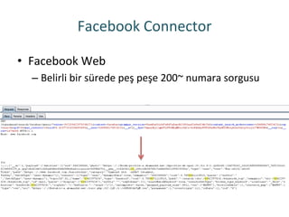 Facebook	
 Connector	
 
•  Facebook	
 Web	
 
– Belirli	
 bir	
 sürede	
 peş	
 peşe	
 200~	
 numara	
 sorgusu	
 
 